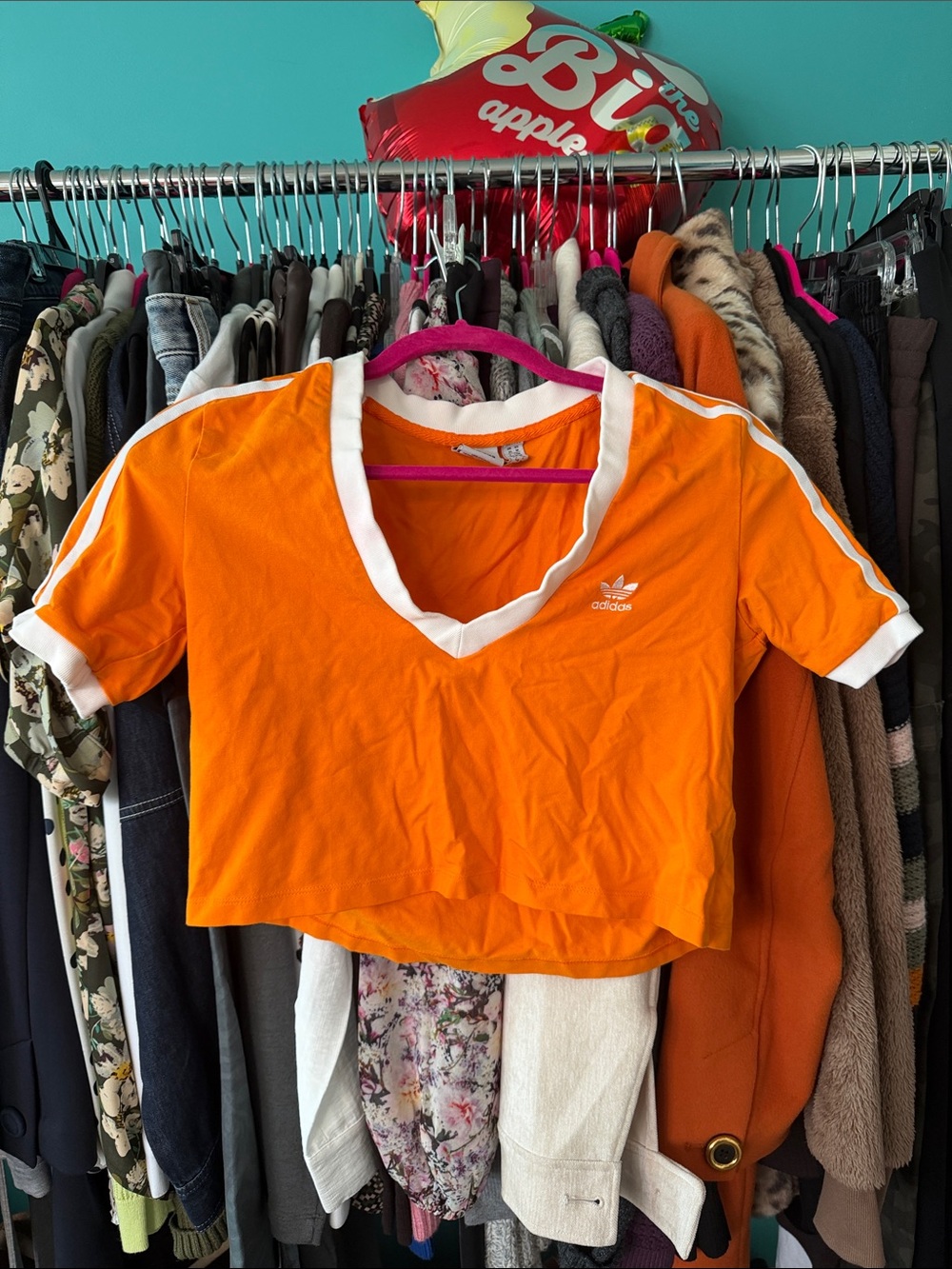 adidas Orange Cropped V-Neck Tee with White Trim